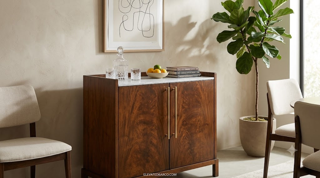 Woodbridge Ridge Bar Cabinet with Carrara Marble Top – Margate Finish