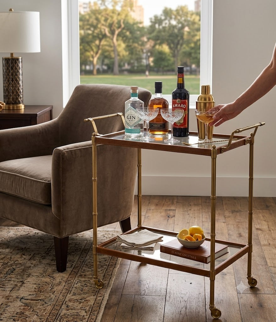 Woodbridge Tipple Table Bar Cart with Tempered Glass Shelves & Satin Brass Finish
